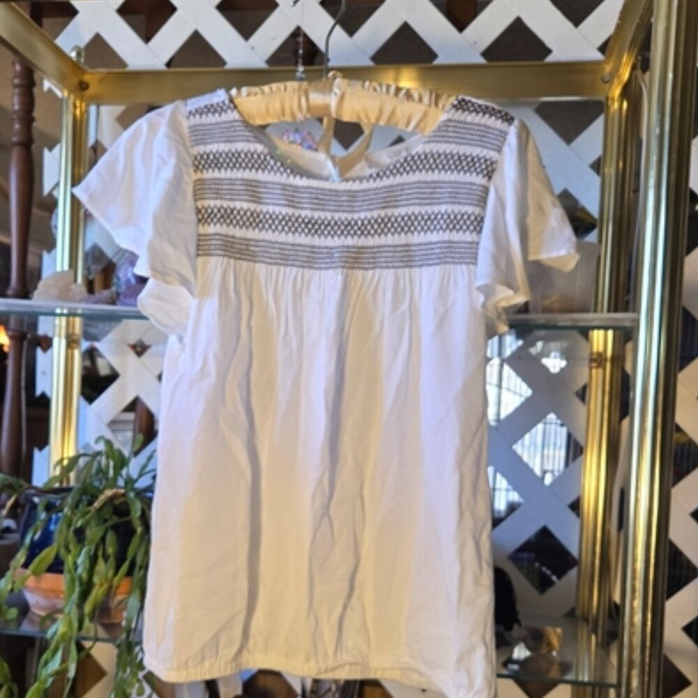 LOFT White Smocked Blouse with Embroidered Accents-FC